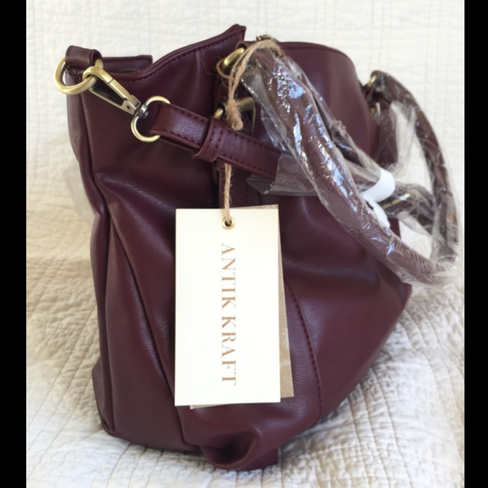 Burgundy Satchel - Faux Leather, 7 Pockets